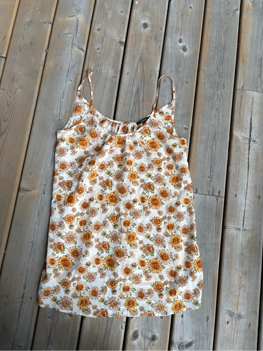 Forever 21 Floral Sunflower Print Spaghetti Strap Tank - White & Mustard